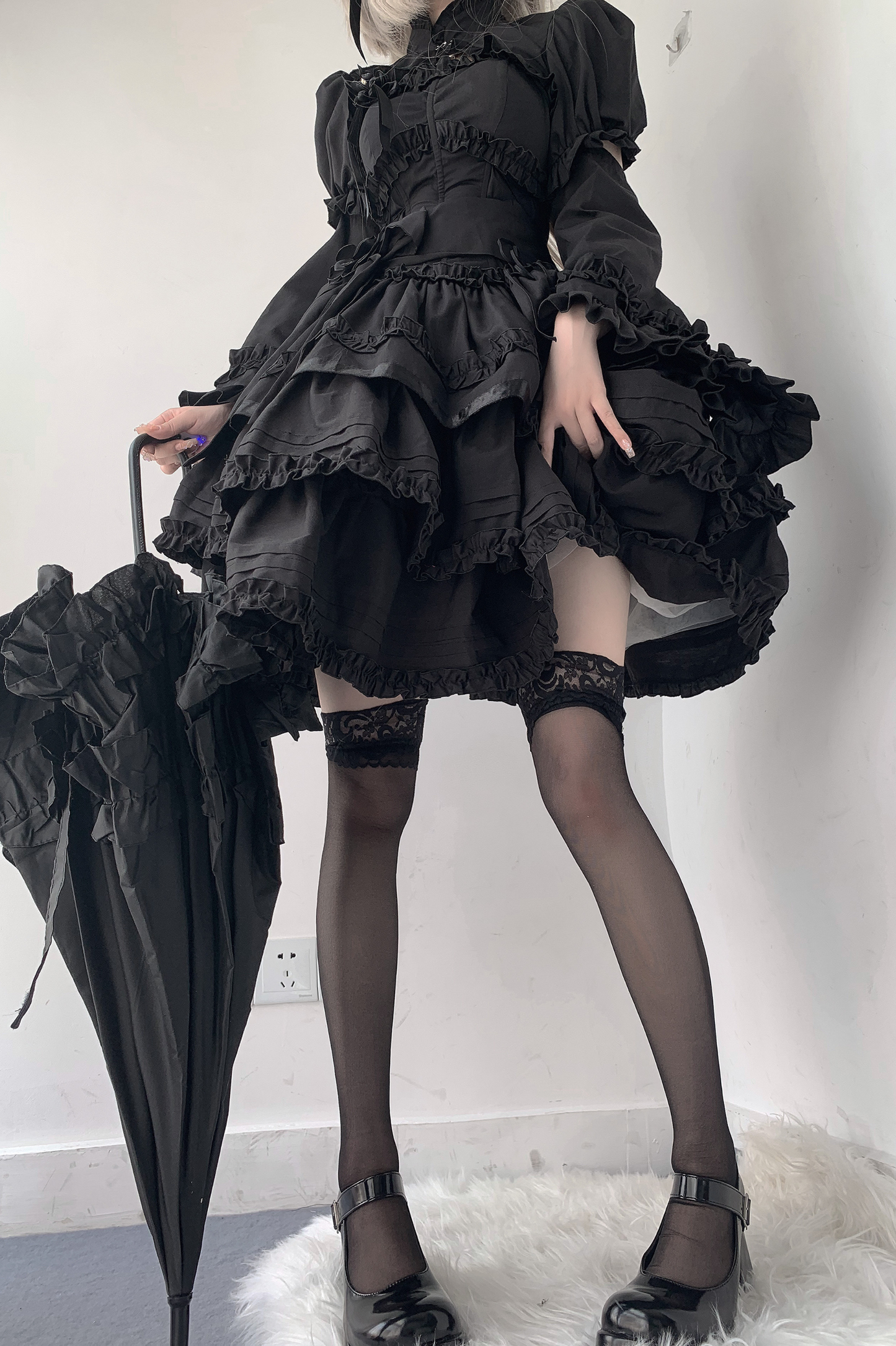 ゴシックレトロヘリンボーンウエストスリミングロリータドレス