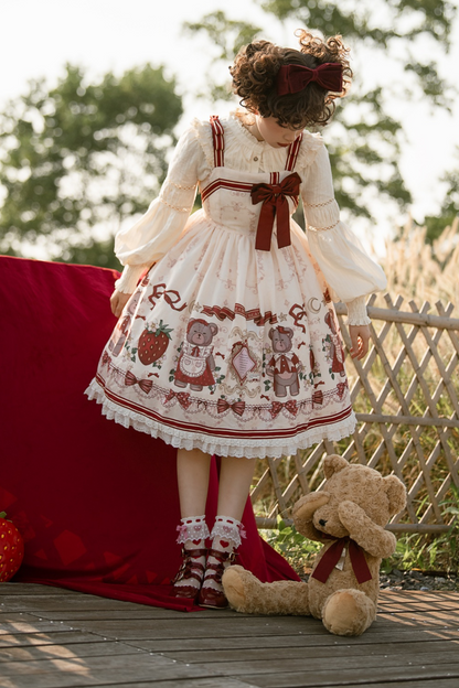 Bear Strawberry Doll Lolita Dress + Short Milk Jacket