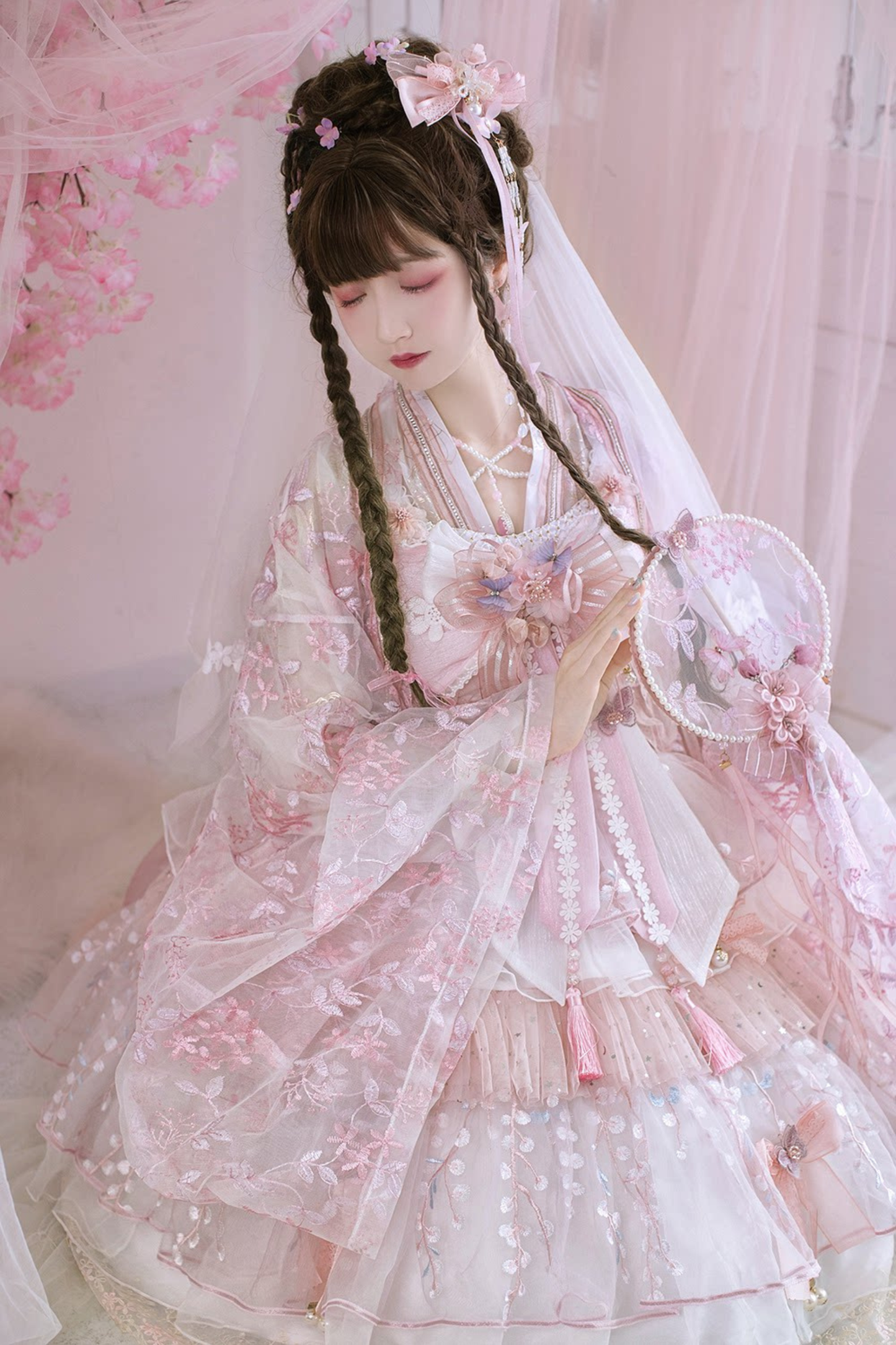 사쿠라 스위트 차이나 로리타 셔츠 + 목걸이 + 리본 + 베일 + 클립