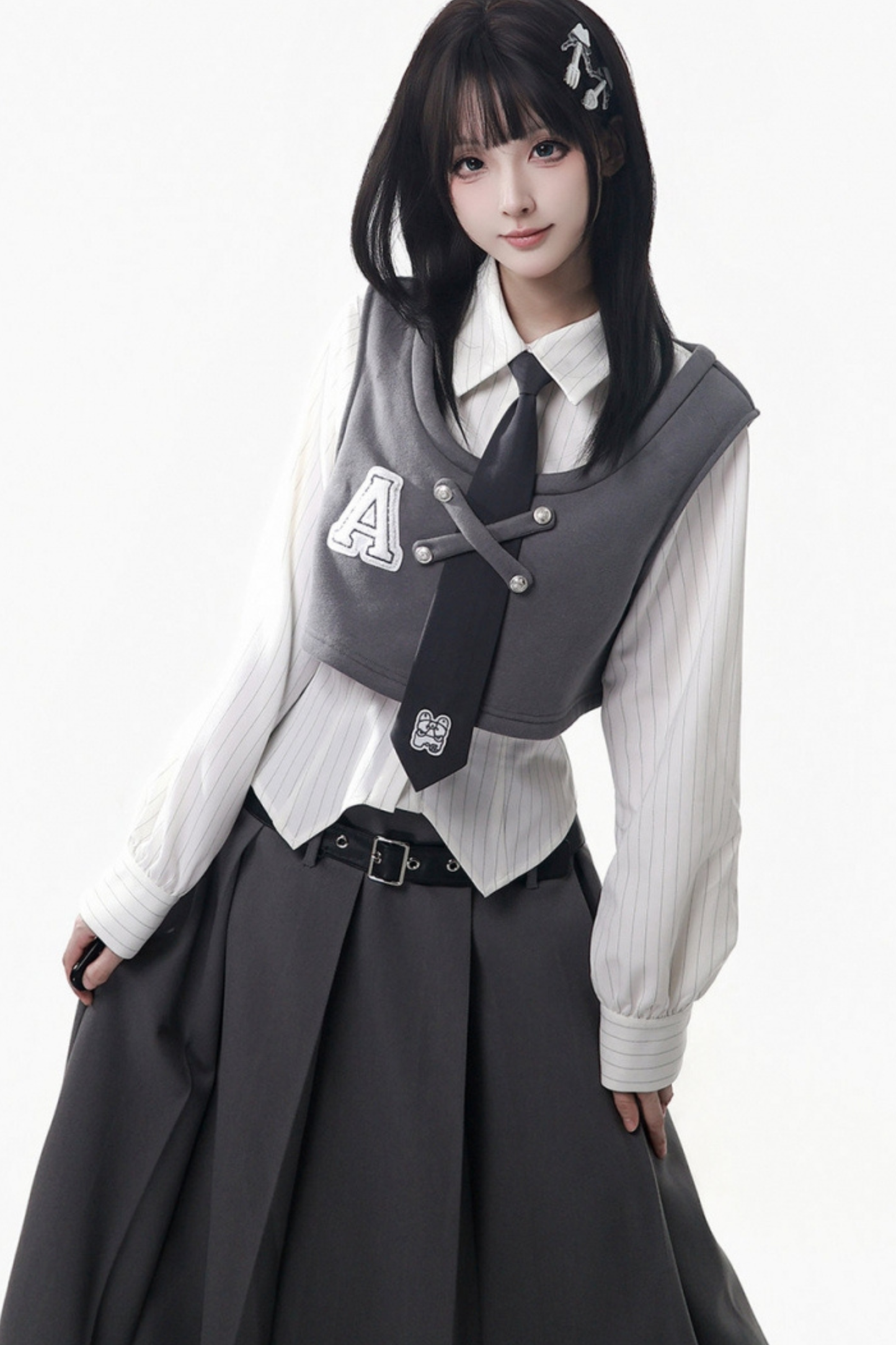 ストライプコート+シャツ+ベスト+ロングスカート