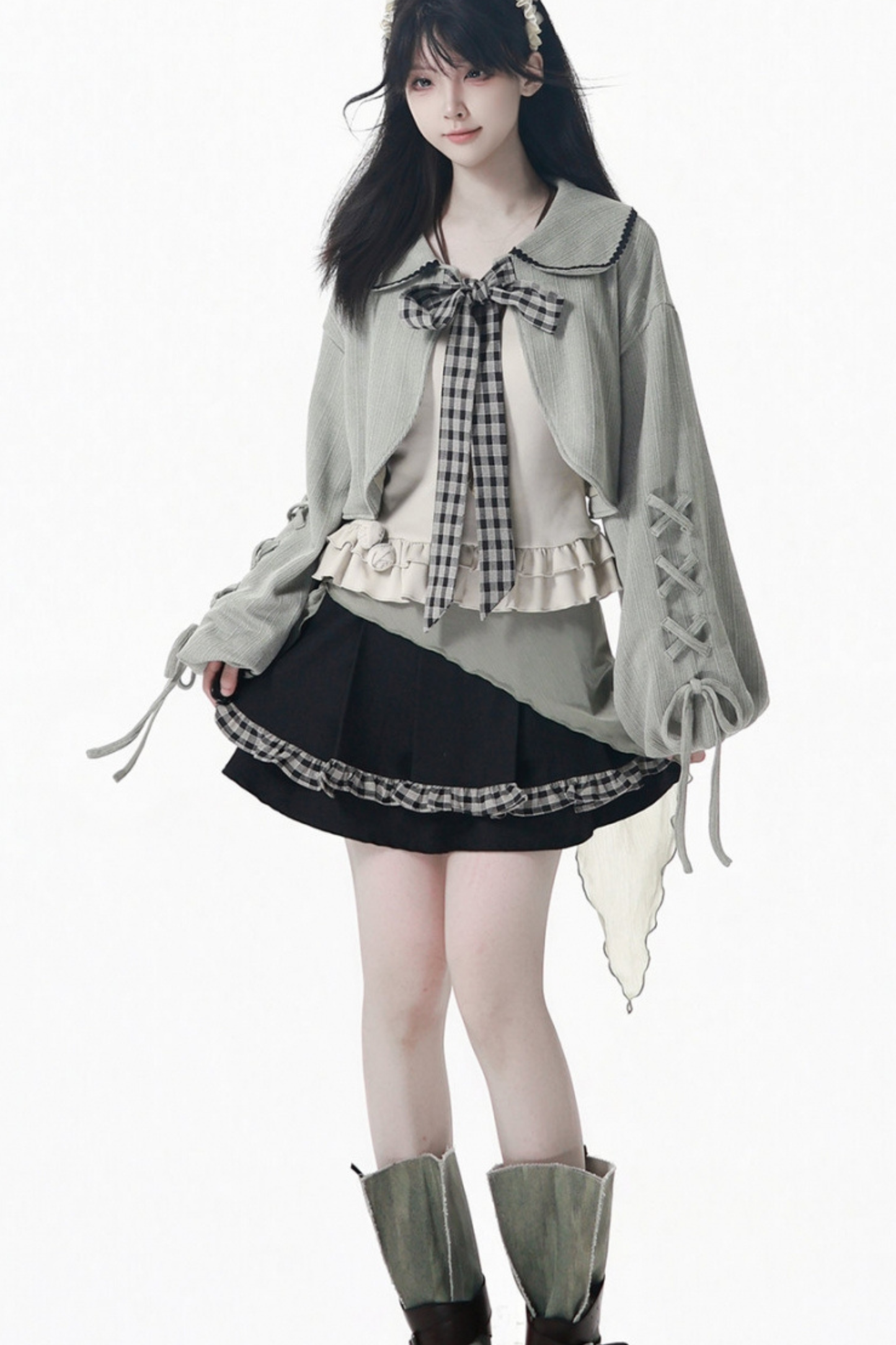 Check Ribbon Camisole Two Piece Jacket + Cape Coat + Skirt