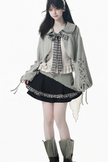 Check Ribbon Camisole Two Piece Jacket + Cape Coat + Skirt