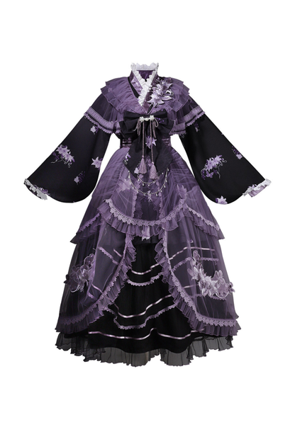 チャイナパープルフローラルドレス+アウタードレス+ロングスカート