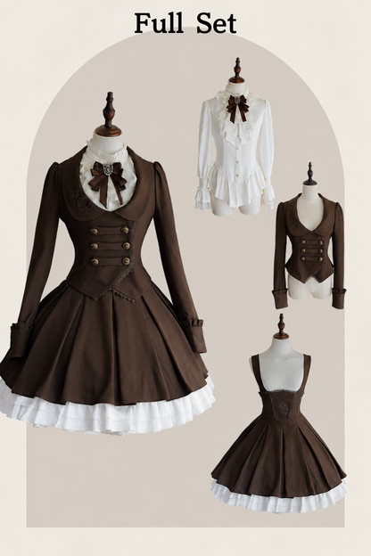[Vorbestellschluss 919] Klassisch braunes plissiertes Korsett-Bustierkleid mit Rosenstickerei+Rüschenbluse mit Kamee-Schleifen-Spitzenjabot+Jacke mit Spitzenbesatz Set1/2+Komplettset [Kurz/Lang]