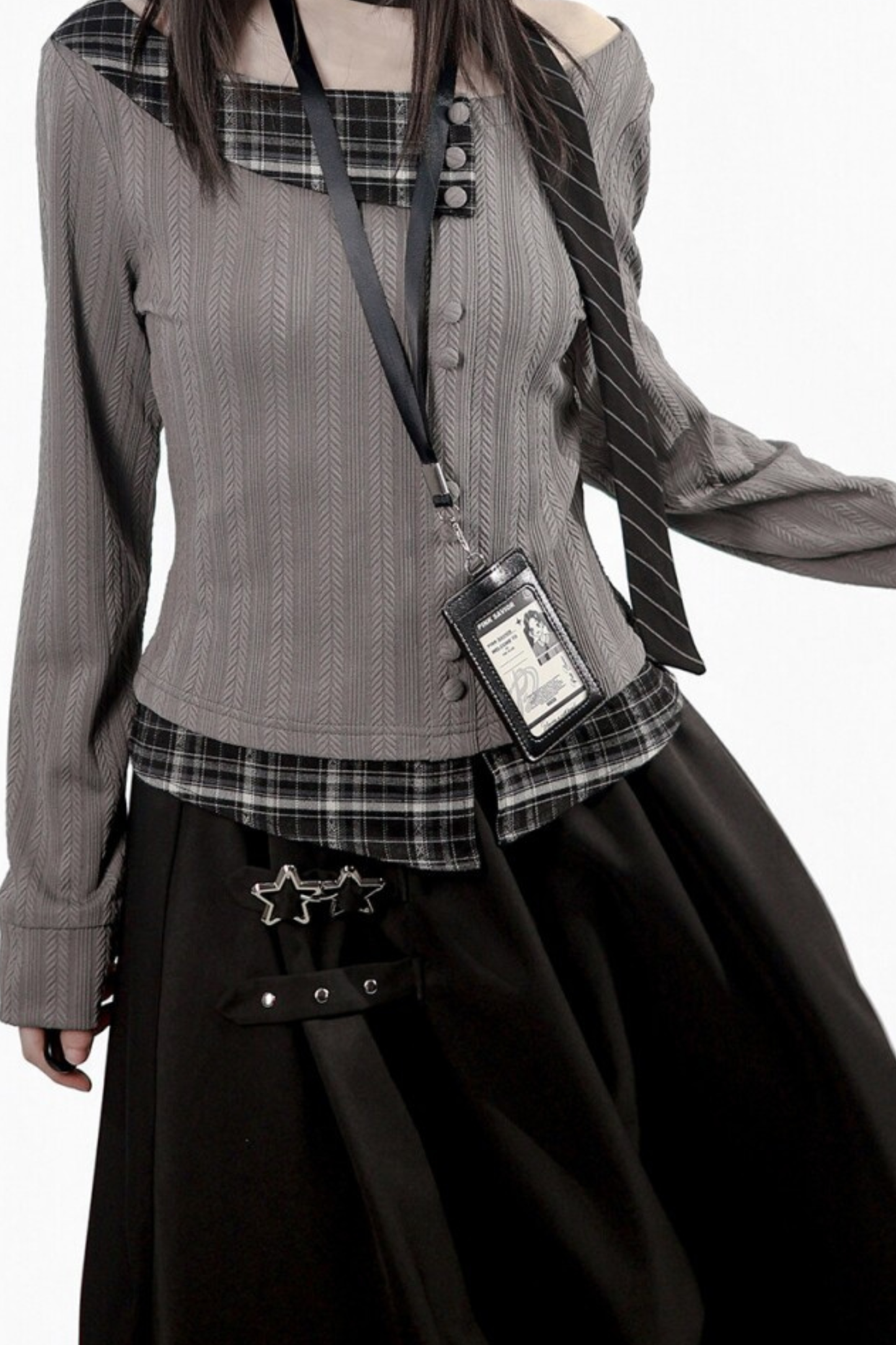 Y2K Dark Top + Flare Skirt + Scarf
