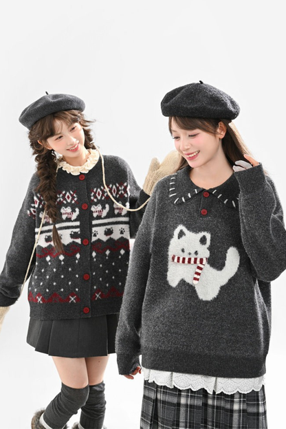 キャットニットセーター+スノーフレークカーディガン