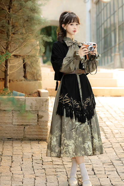 Chic Dark China Print Dress + Shawl
