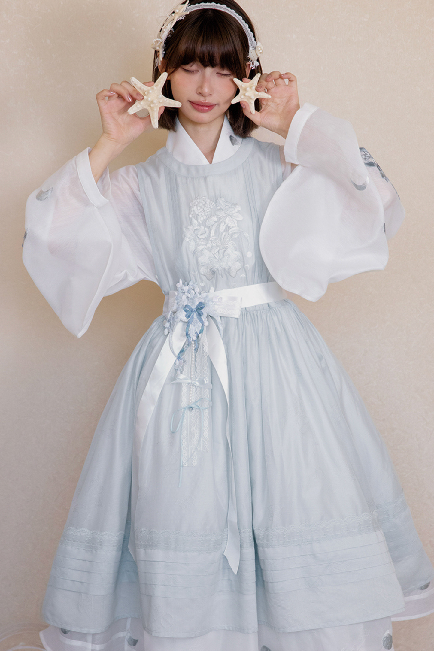 ピュアホワイトチャイナドレス+カバーエプロン+ベルト