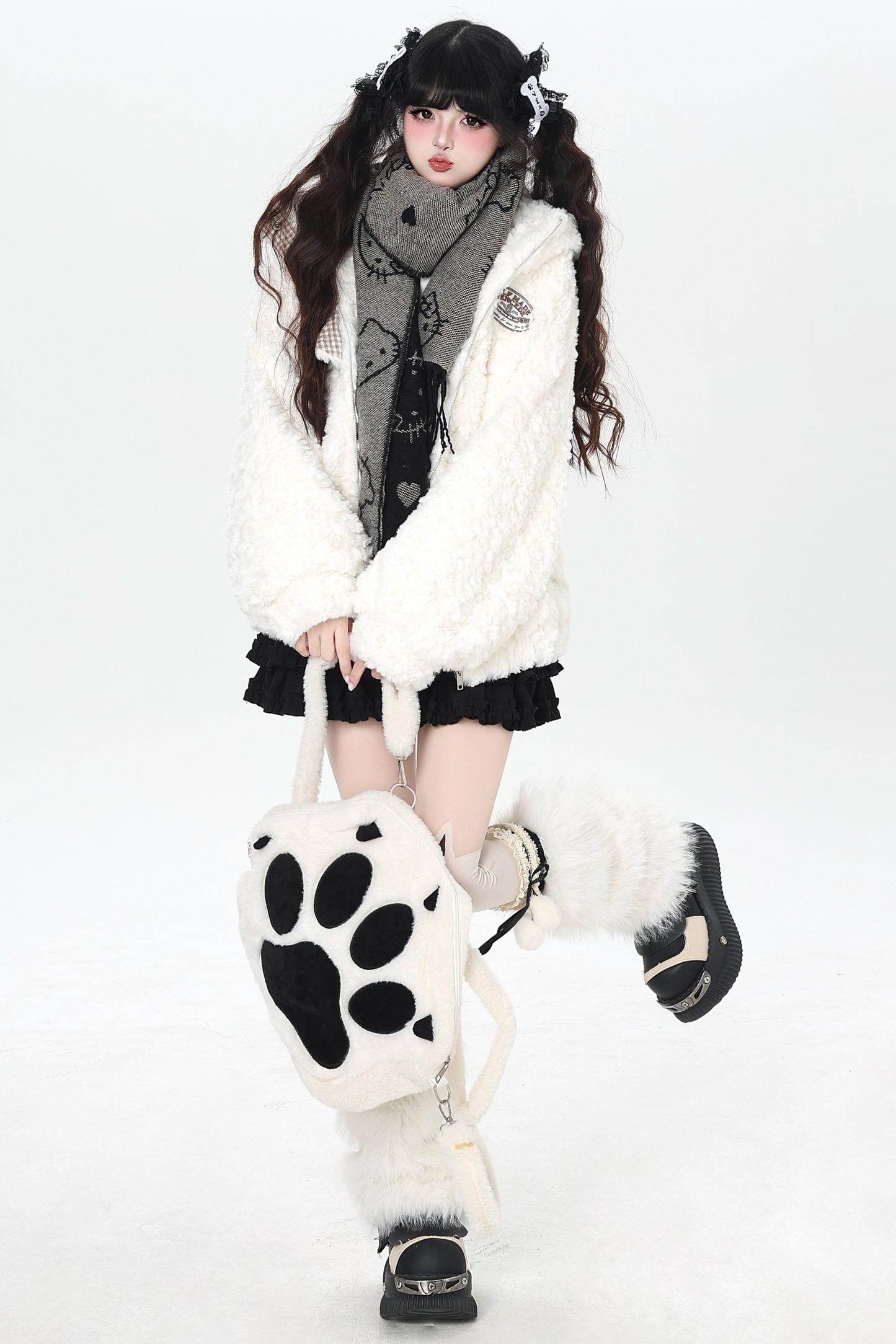 Check Long Bunny Ear Fur Jacket