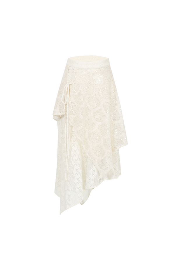 French Shiny Lace Sheer Top + Asymmetrical Skirt