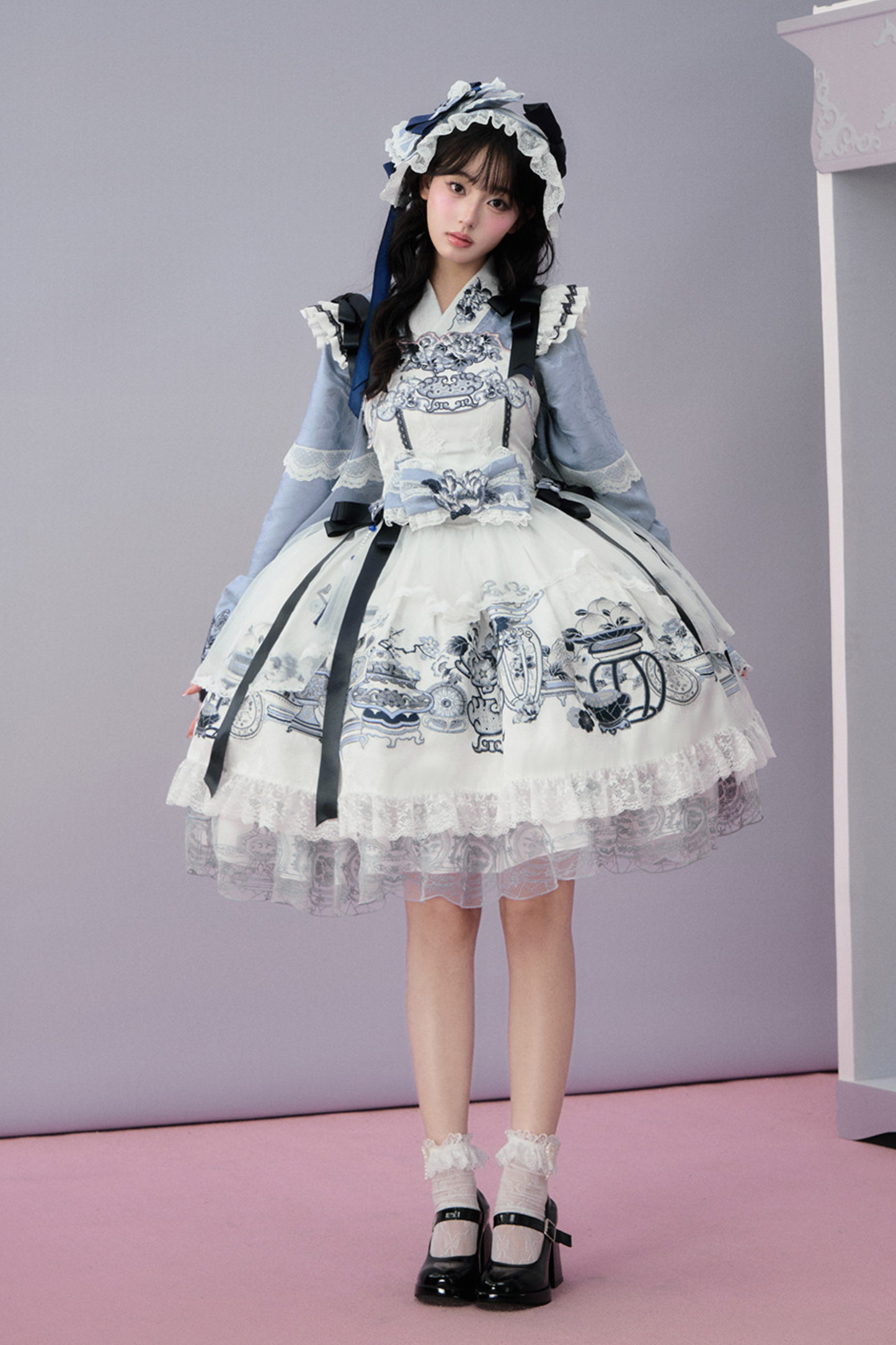 중국 디자인 플라잉 슬리브 로리타 원피스 + 리본