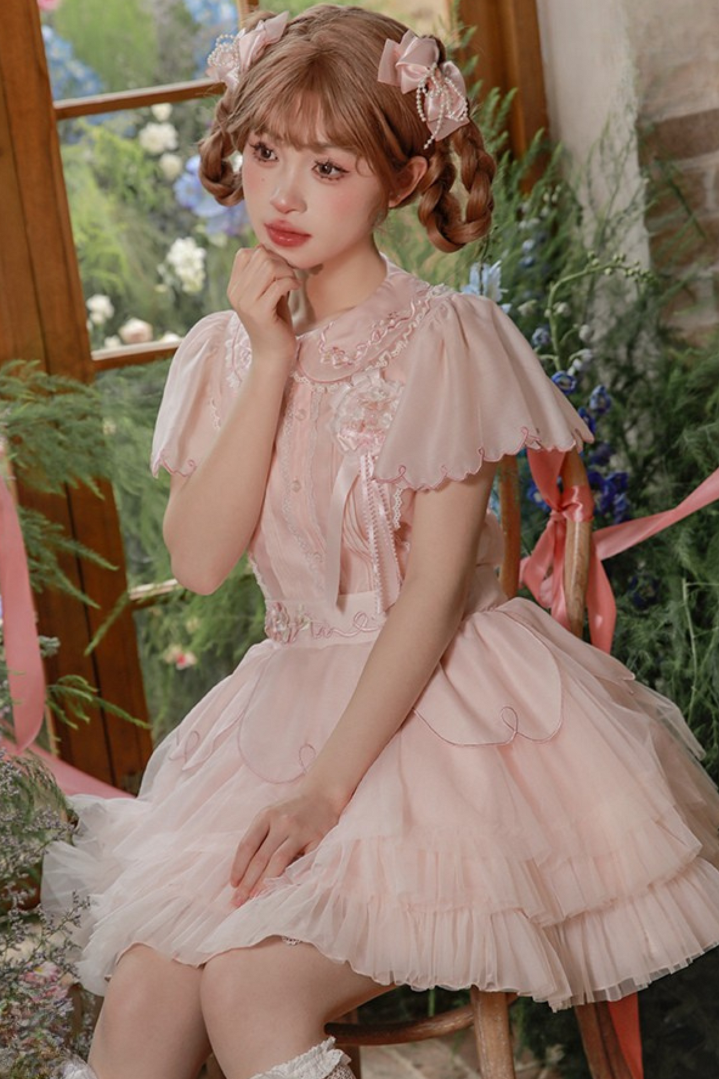 Cherry blossom color sweet princess Lolita dress + doll color top + sheer cardigan + apron