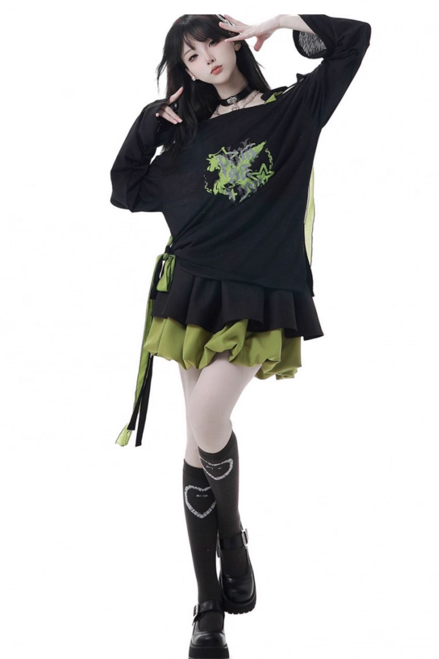 ワンショルダーアシメトップス+バルーンスカート