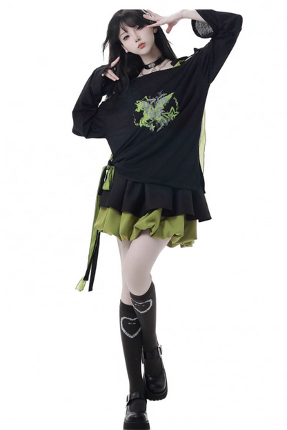 ワンショルダーアシメトップス+バルーンスカート