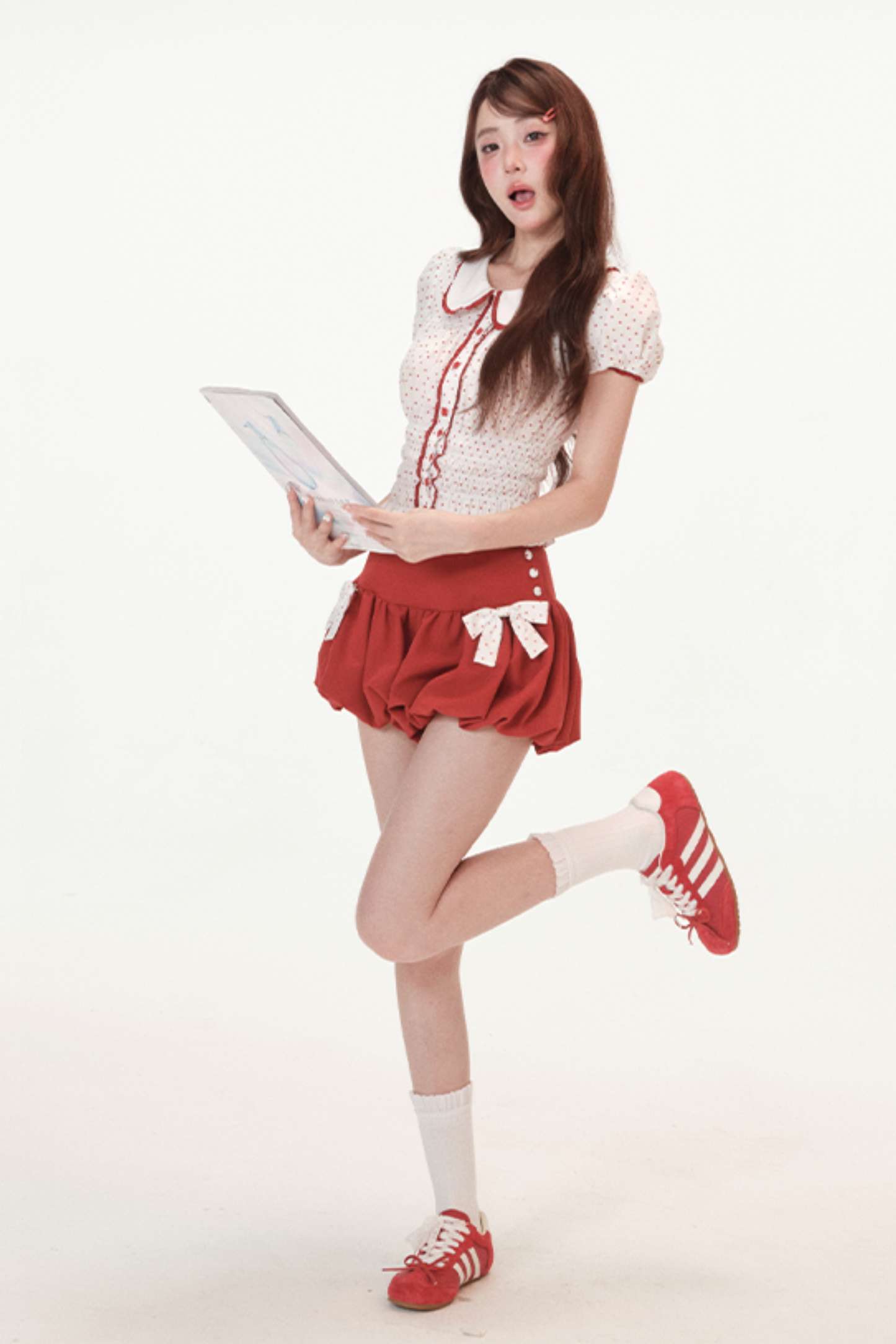 ドットパフスリーブドールシャツ+リボンバルーンスカートパンツ