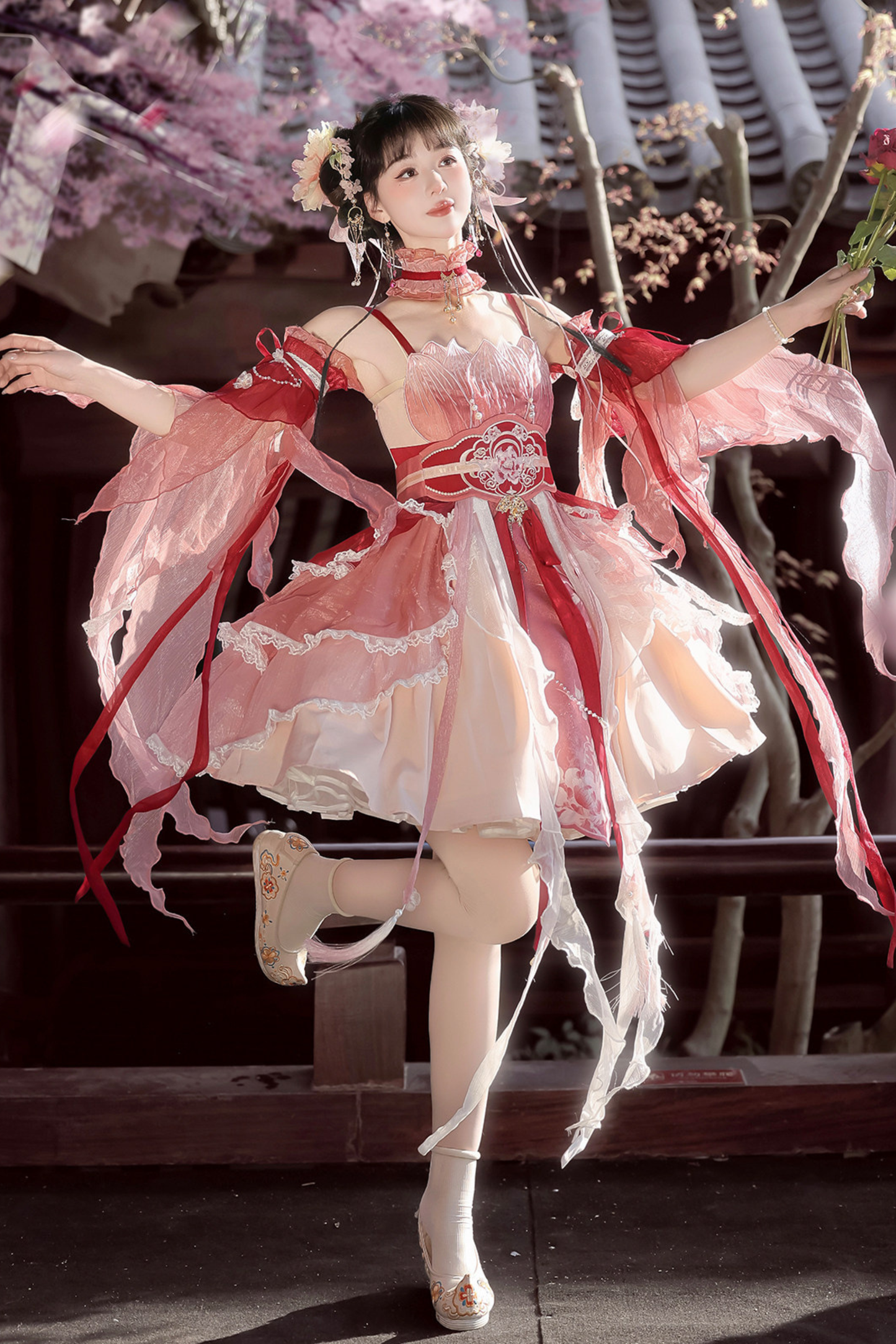 中国风印花羽毛连衣裙+羽毛袖+腰带