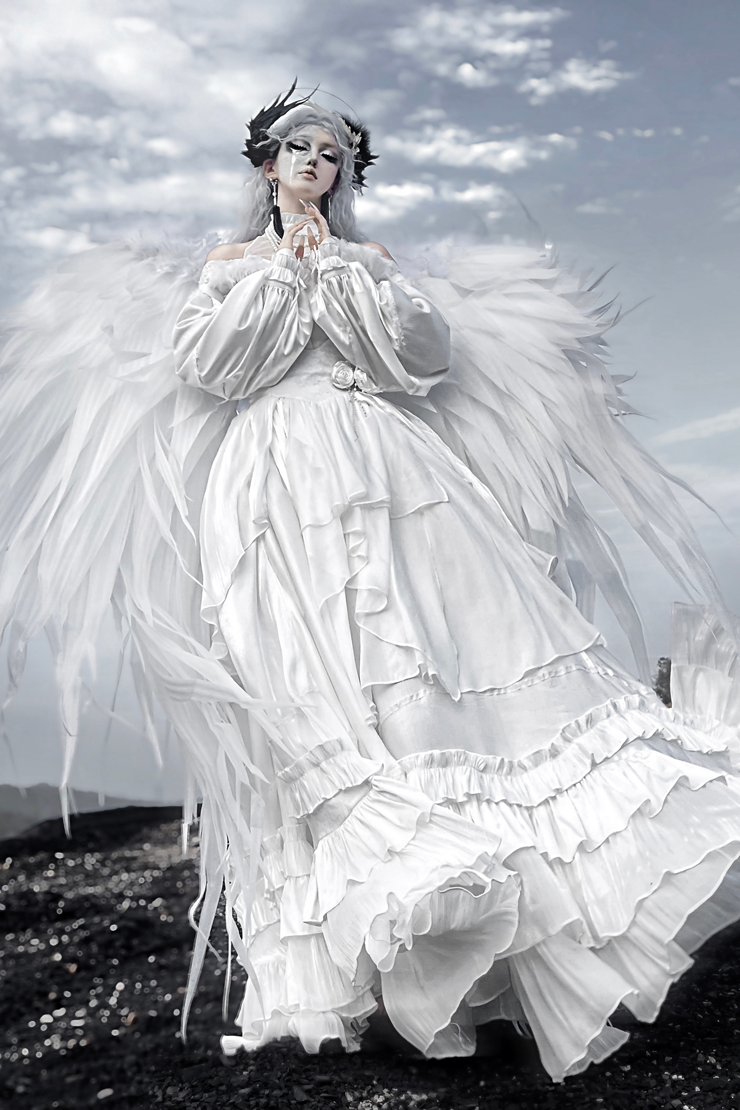 Off-the-shoulder shirt + oversized skirt