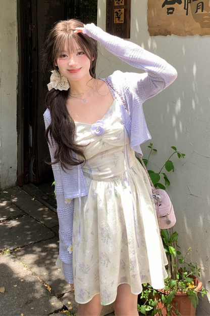 French Flower Off-the-shoulder Dress + Cardigan