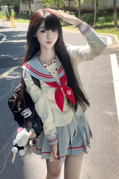 Hauts de marin pour fille anime chat + jupe + ruban