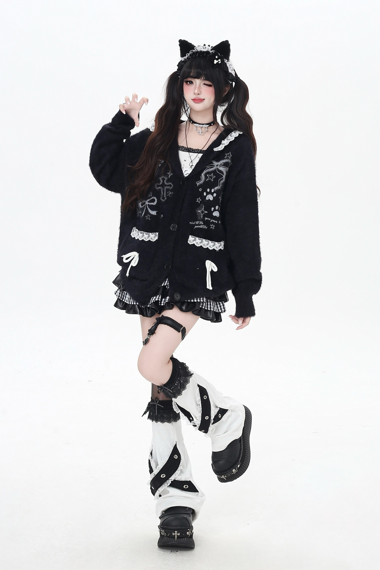 Lace hooded cardigan with rabbit ears