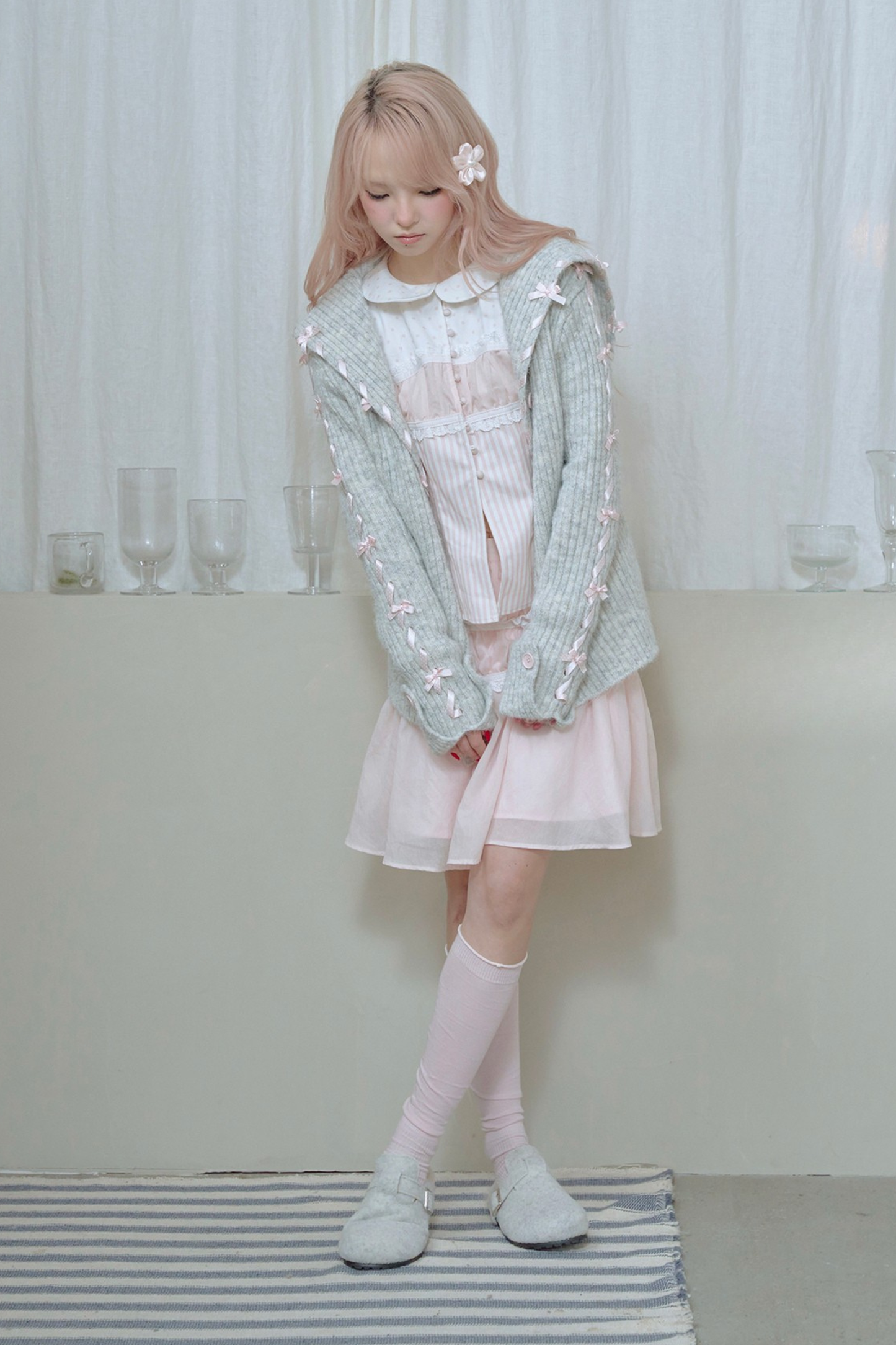 レースアップラインリボンニットカーディガン