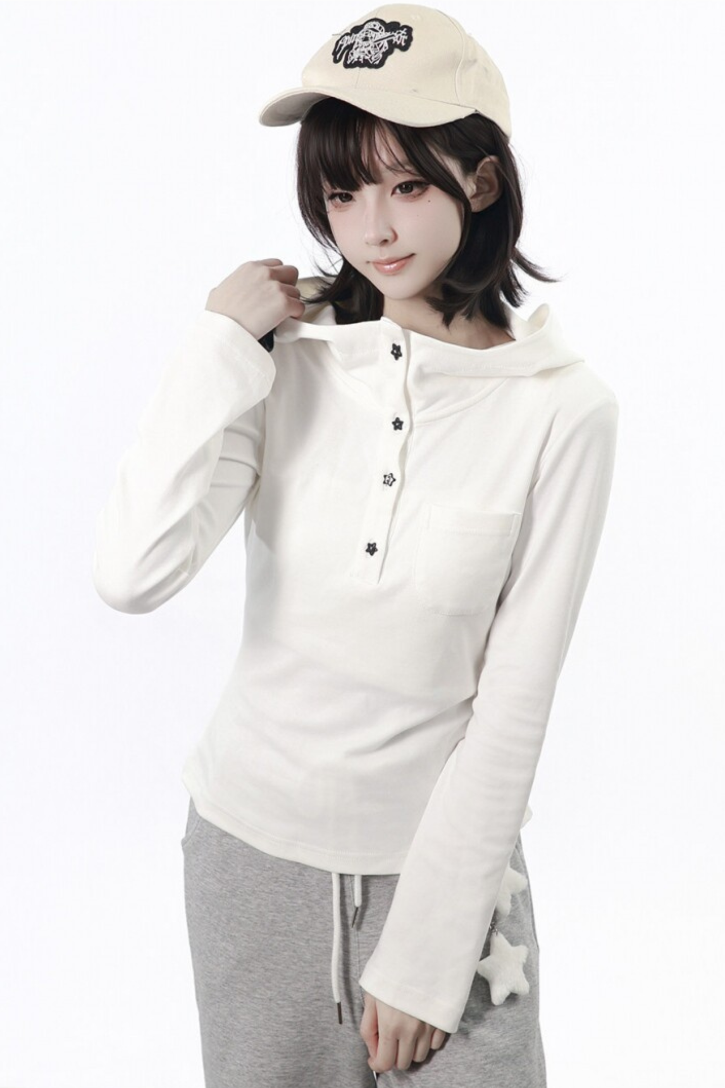 Star Button Hooded Top