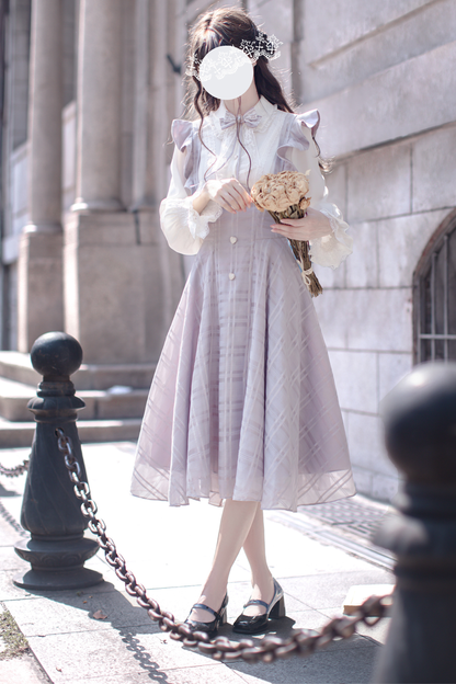 Retro sweet ruffle skirt + shirt + ribbon