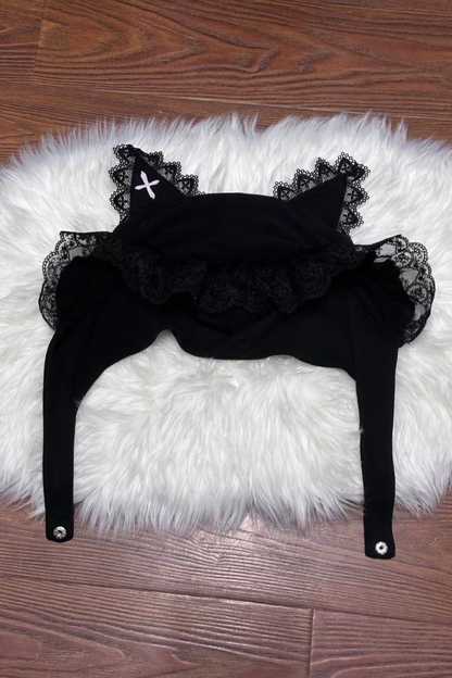 キュートキャットパフスリーブトップス+サスペンダースカート+パンツ+ハット