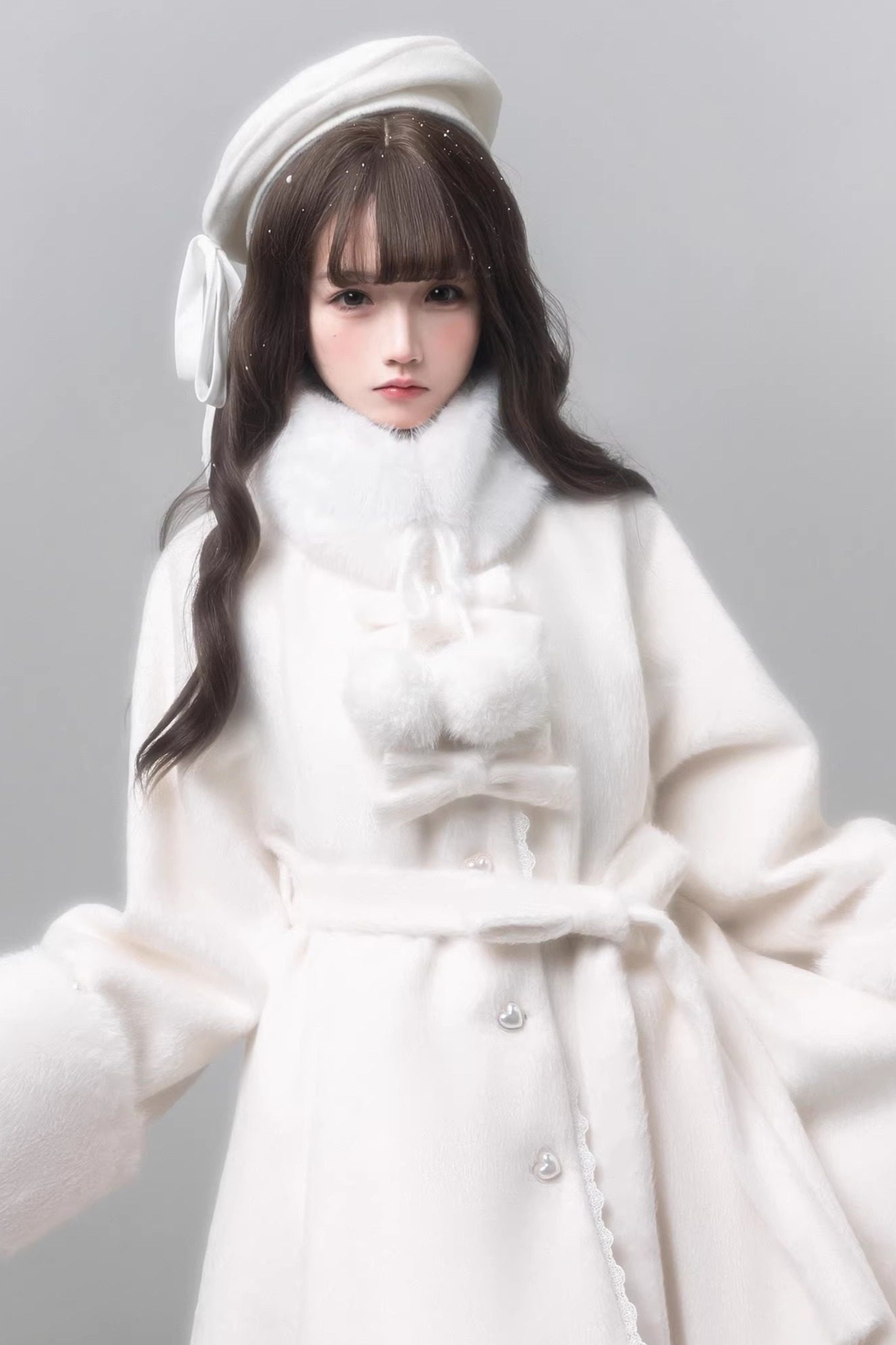 ピュアガーリースタイルコート+シャツ+ファーカラー+スカート