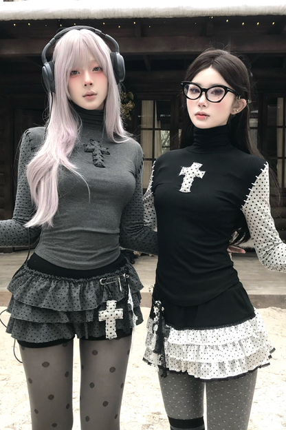 クロスドットタートルネックトップス+スカート+ペンダント