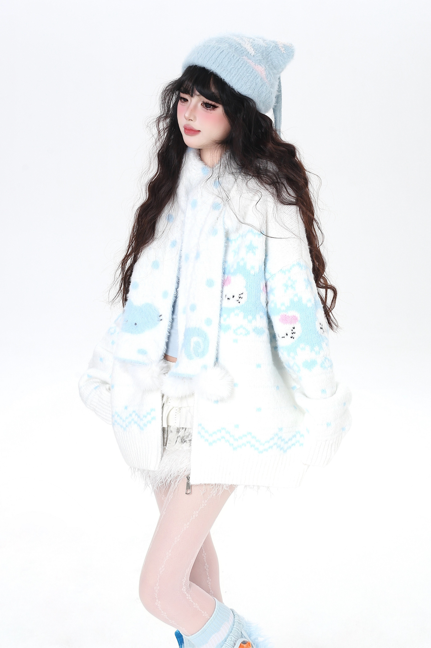 フェアアイルルーズフードニットカーディガン