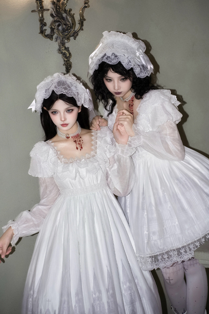 ゴシックツインズロリータドレス＋ハンドスリーブ＋ネックレス＋ヘッドバンド＋ベール＋コルセット＋取り外し可能カーテン＋コサージュ