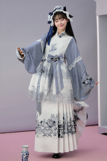 귀여운 차이나 재킷 + 스커트 + 오버스커트 + 리본 + 브로치 + 헤어밴드