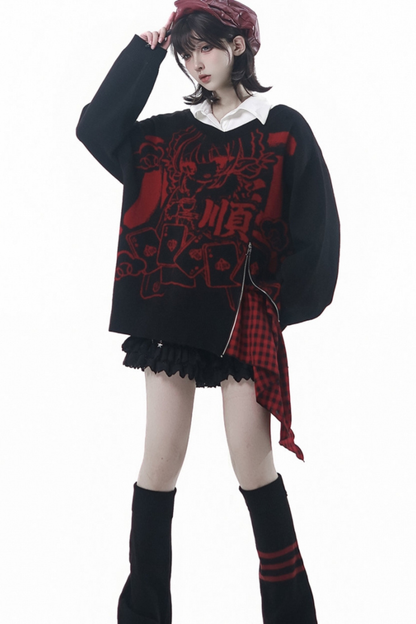 モードVネックニット+キュロット+スカート+レッグカバー+スカーフ