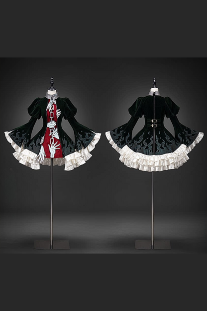 [Pre-order] Dark Green x Red Gothic Prince Velvet Flame 3D Chain Detail Ruffle Lolita Dress