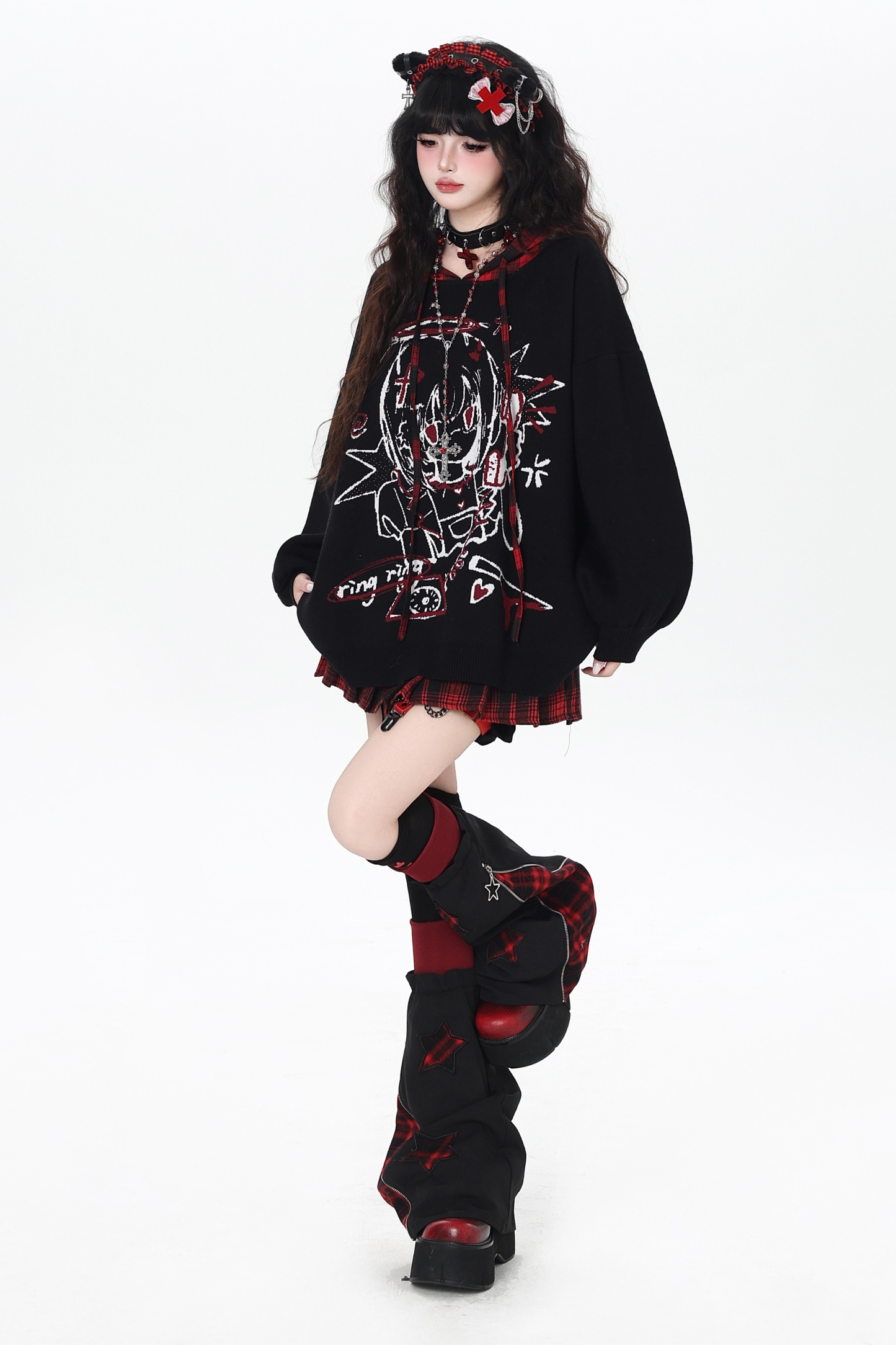 パンクガールチェックフードルーズセーター