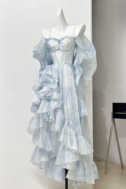 [Pre-order product] Snow Blue Sparkling Series Long Tail Bustier Dress + Back Ribbon