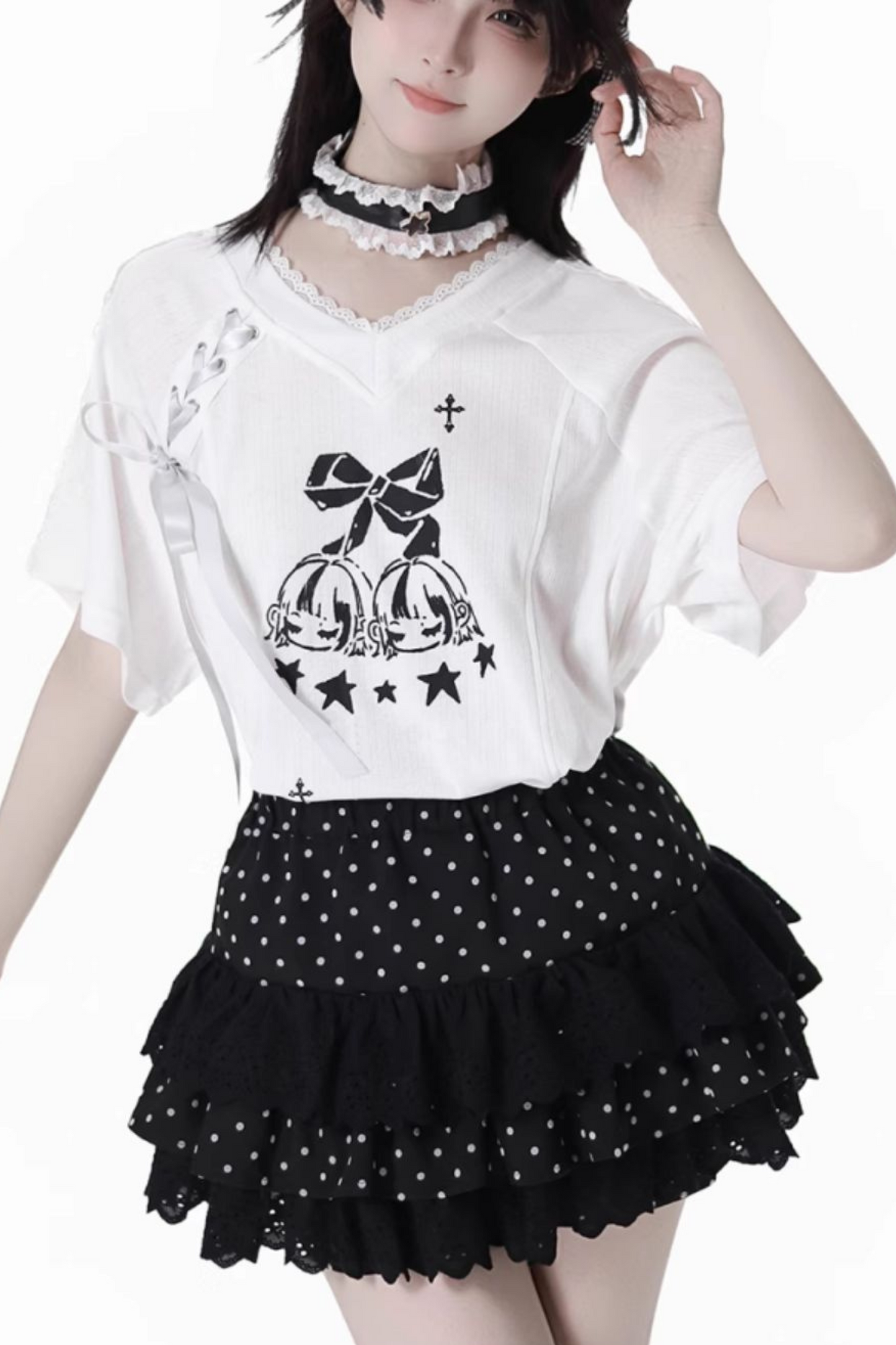 リボンルーズTシャツ+キュロット+アシメスカート