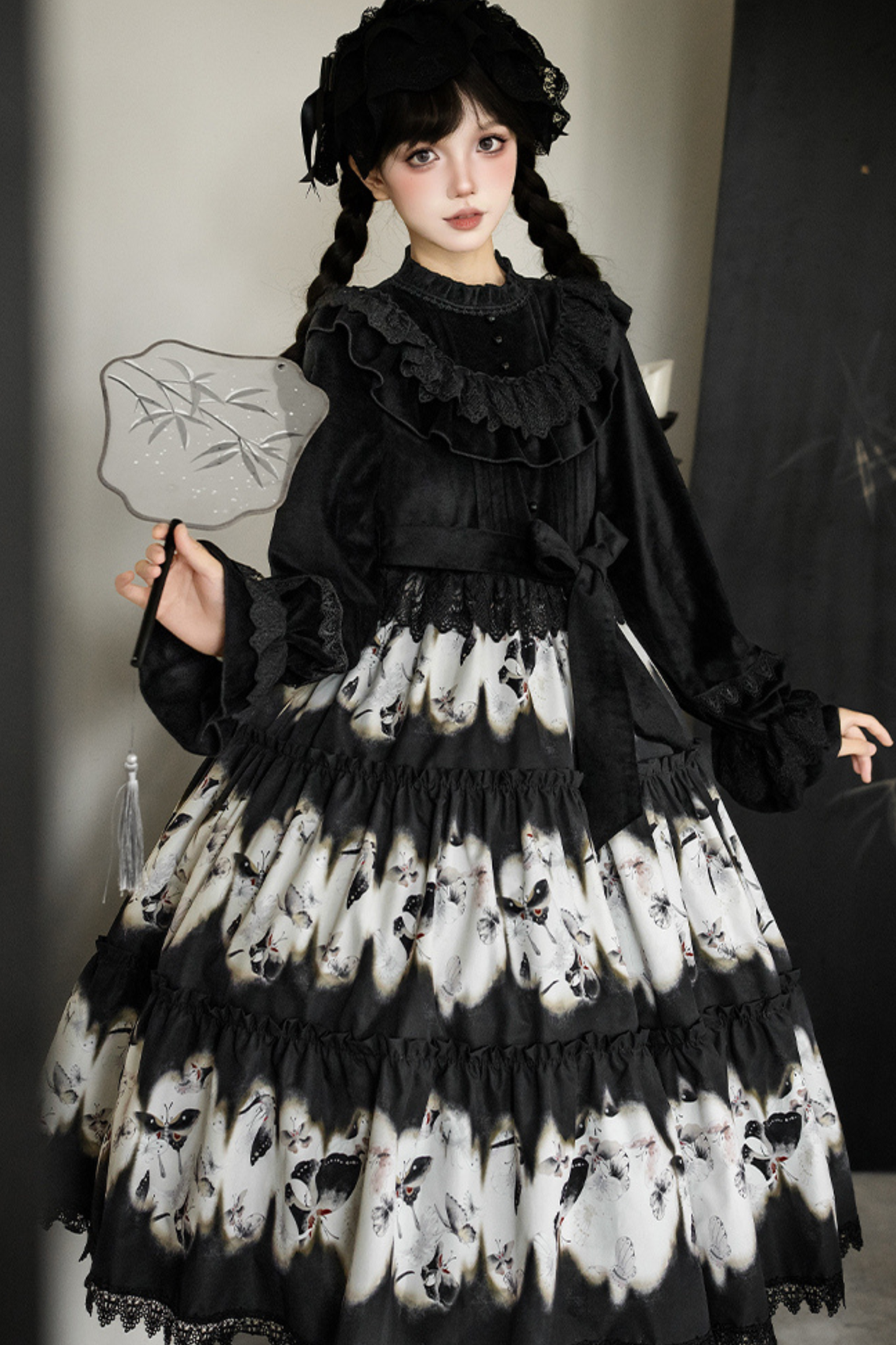 シックバタフライプリントスイングロリータドレス+ジャンパースカート+ヘアバンド+インナー+リボン