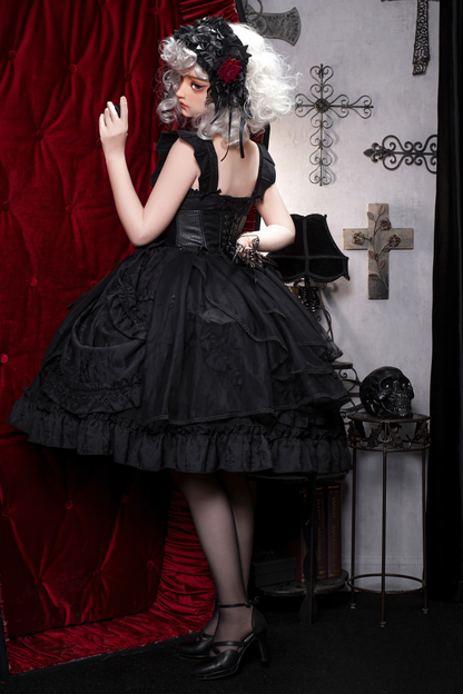 Dark Gothic Ribbon Lolita Dress + Waist Belt + Train + Hairband