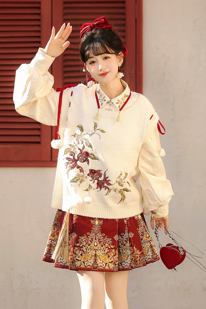チャイナスノーニットベスト+シャツ+スカート