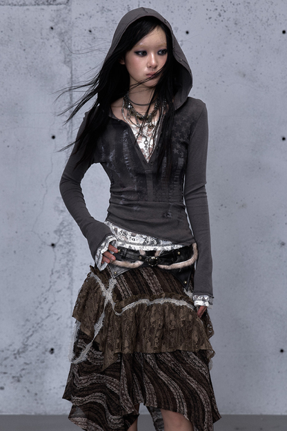 레이스 패치워크 타이트 후드 파커