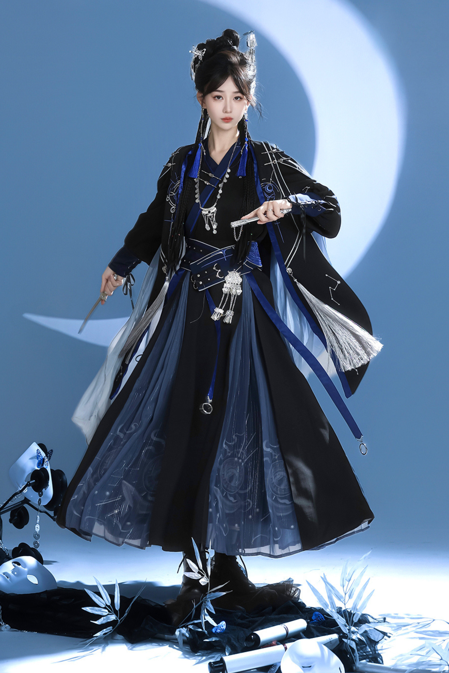 Dark china hooded top + belt + cape + necklace + skirt