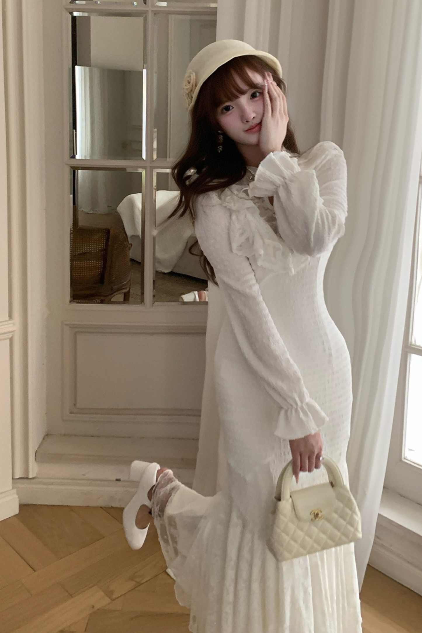 パフスリーブニットレースワンピース