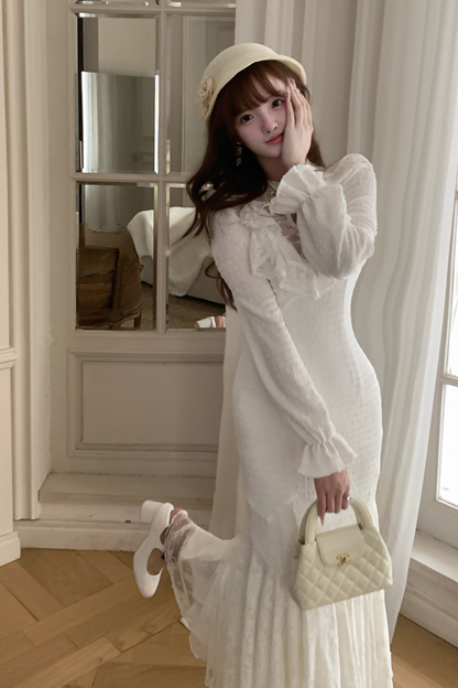 パフスリーブニットレースワンピース