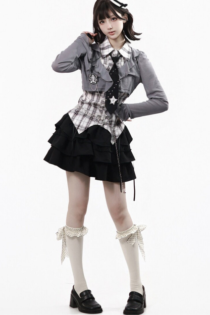 Plaid Sleeveless Shirt + Top + Tiered Skirt