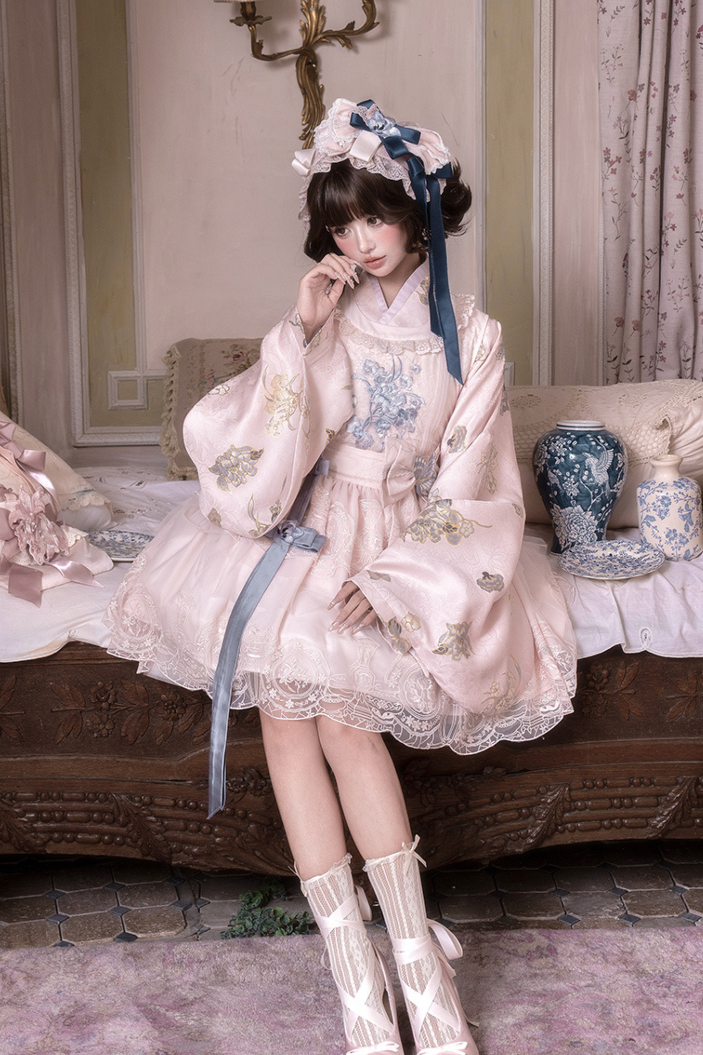 アップクロスカラージャケット+ショートジャケット+ドレス+ヘアバンド+リボン