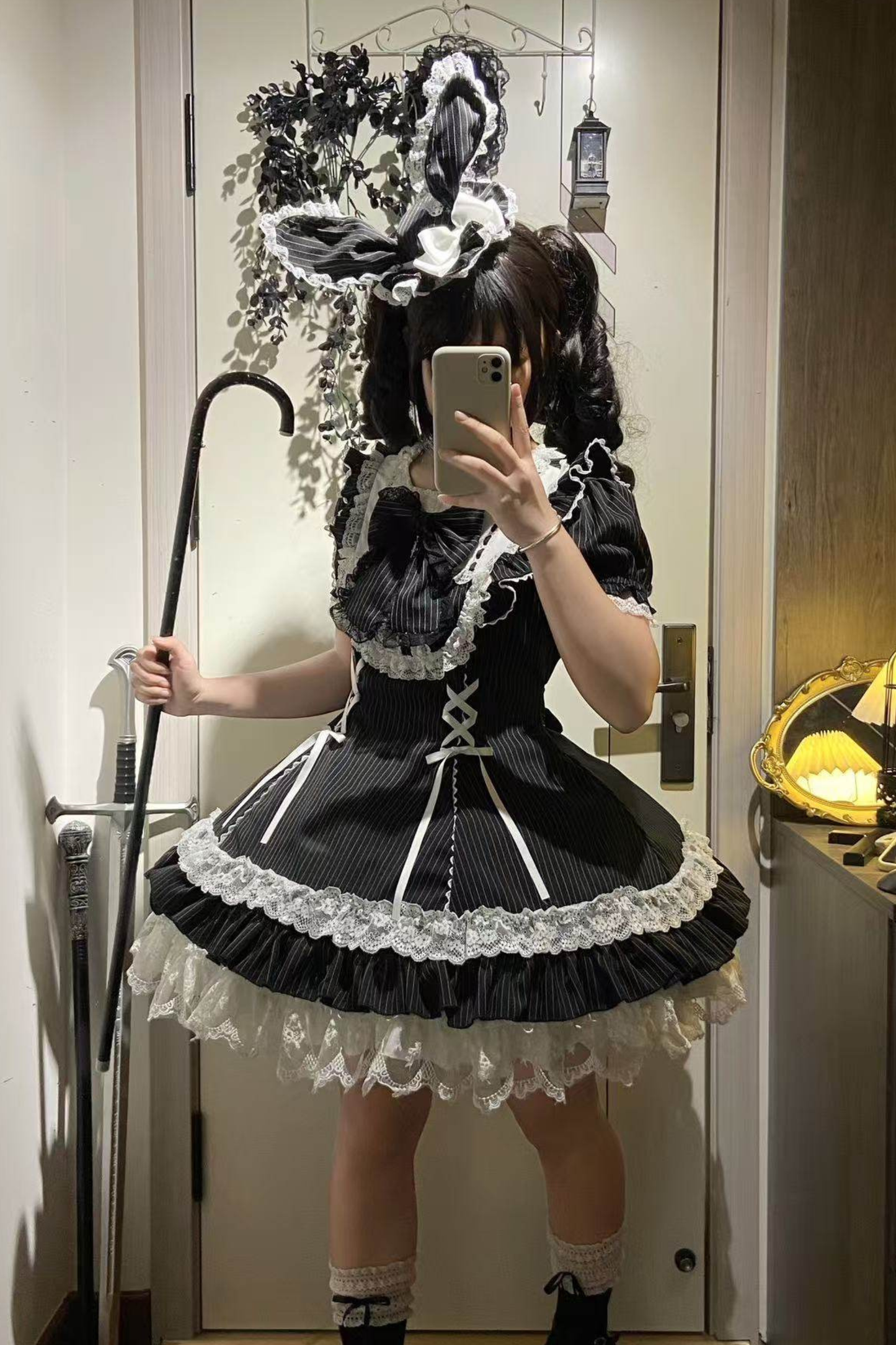 ダークレースアップストライプドロリータドレス+ラビットハット+スリーブ