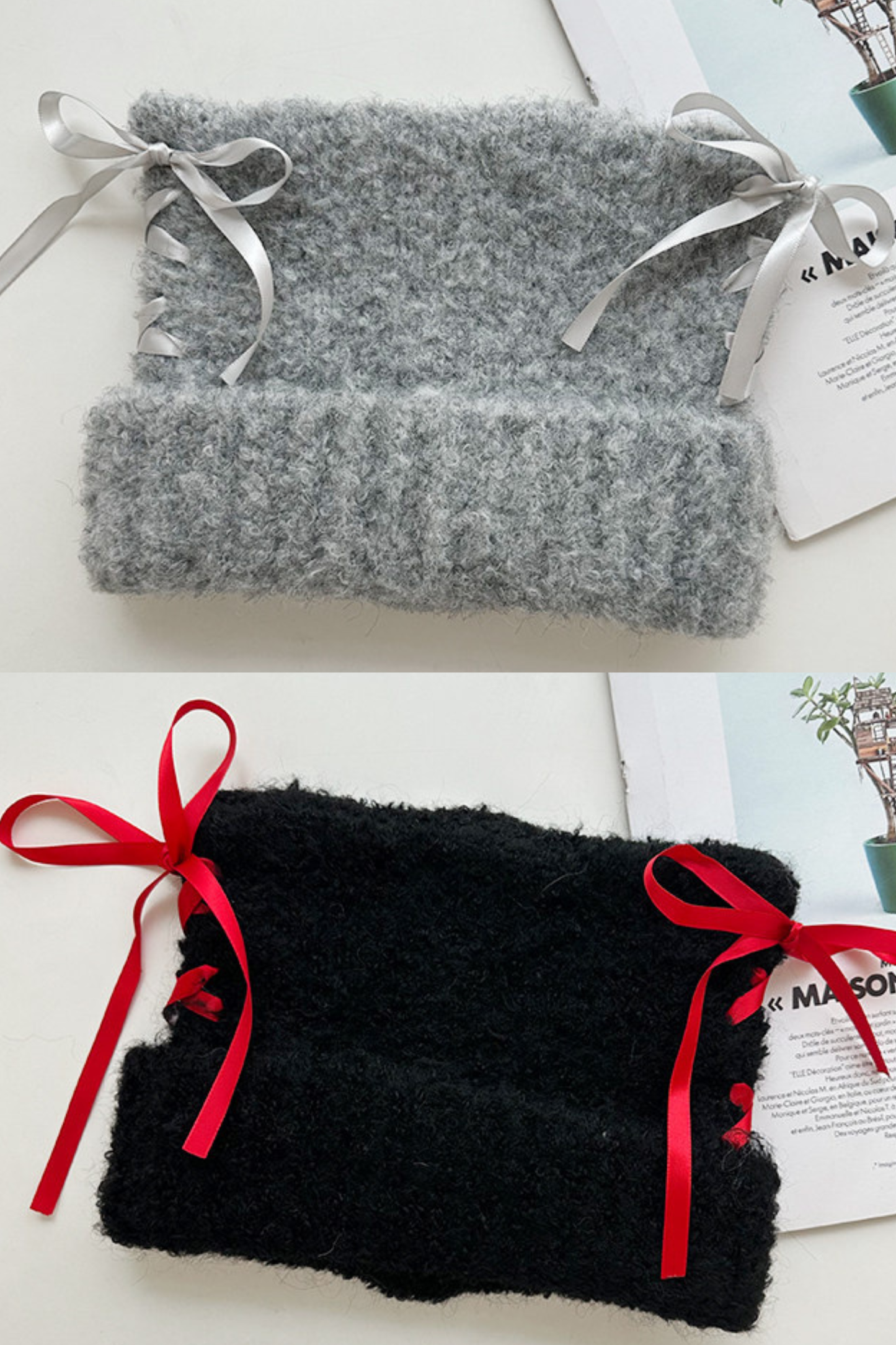 Plush Bow Ribbon Knit Hat