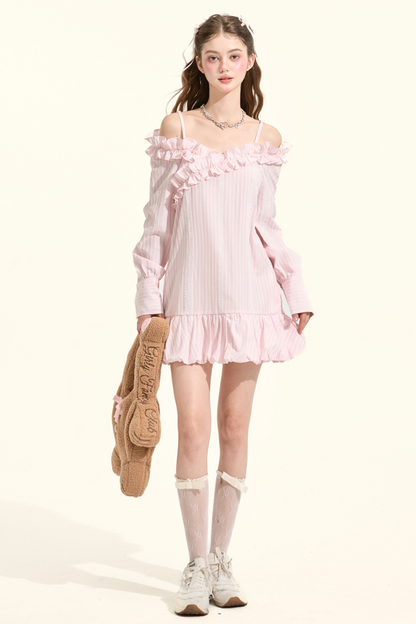 Pre-Fall Lace Striped Off-Shoulder Bubble Gown